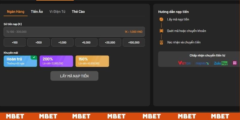 Lựa chọn nạp rút MBET thông qua chuyển khoản ngân hàng phổ biến